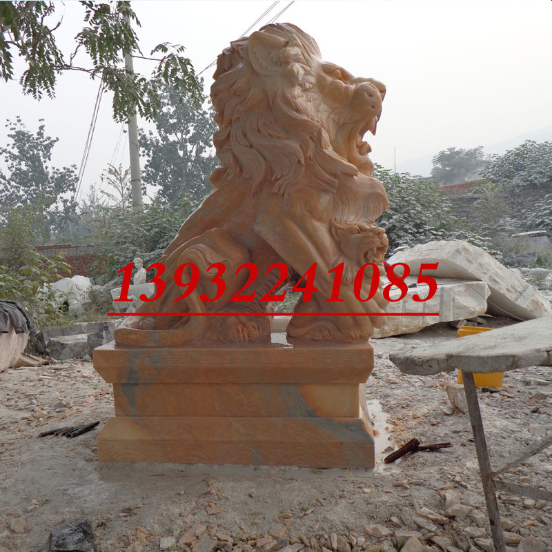 晚霞红石雕狮子厂家直销狮子门口雕塑